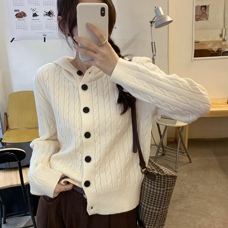 設計感顯瘦氣質百搭連帽長袖針織開衫