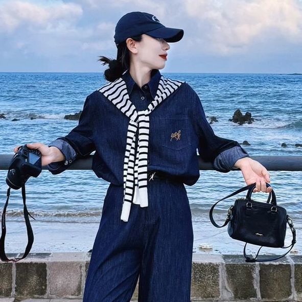 【單件/套裝】時尚小眾韓系辣妹牛仔襯衫+條紋披肩+闊腿褲三件套裝