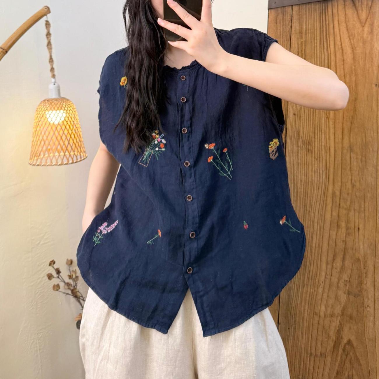 復古棉麻刺繡文藝減齡木柵邊圓領無袖襯衫