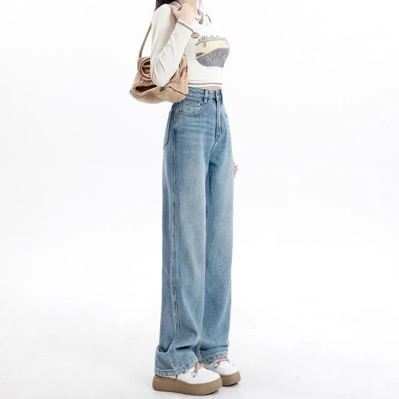 加厚刷毛窄版闊腿高腰寬鬆顯瘦直筒牛仔褲