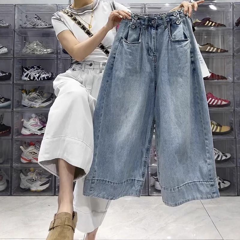 薄款大碼顯瘦直筒寬鬆梨型身材闊腿牛仔褲