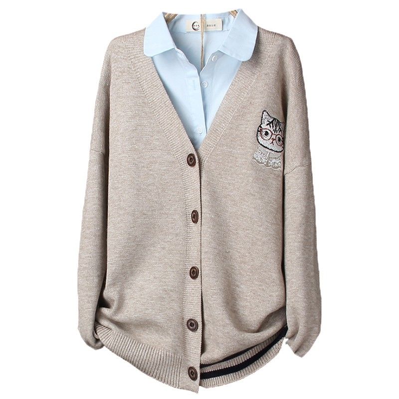 休閒百搭薄款寬鬆貓咪針織開衫