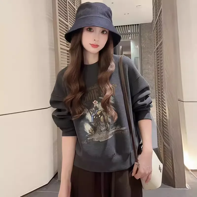 【單件/套裝】時髦慵懶小香風印花圓領長袖+休閑闊腿褲兩件套裝