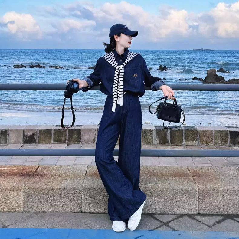 【單件/套裝】時尚小眾韓系辣妹牛仔襯衫+條紋披肩+闊腿褲三件套裝