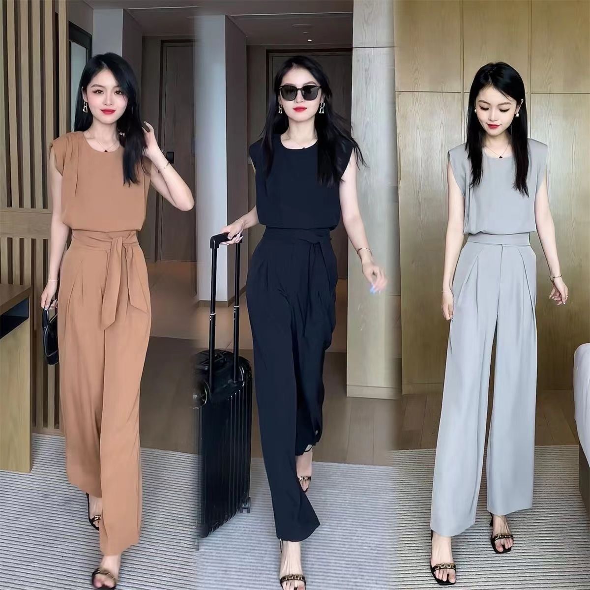 【整套】時尚高端洋氣質減齡無袖上衣+垂感顯瘦休閑闊腿褲兩件套