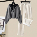 灰色衛衣+杏色褲裝/兩件套