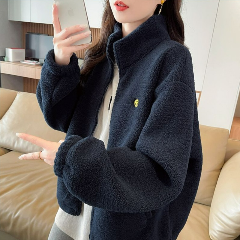 韓版笑臉刺繡藏青色拉鍊加厚立領羊羔外套