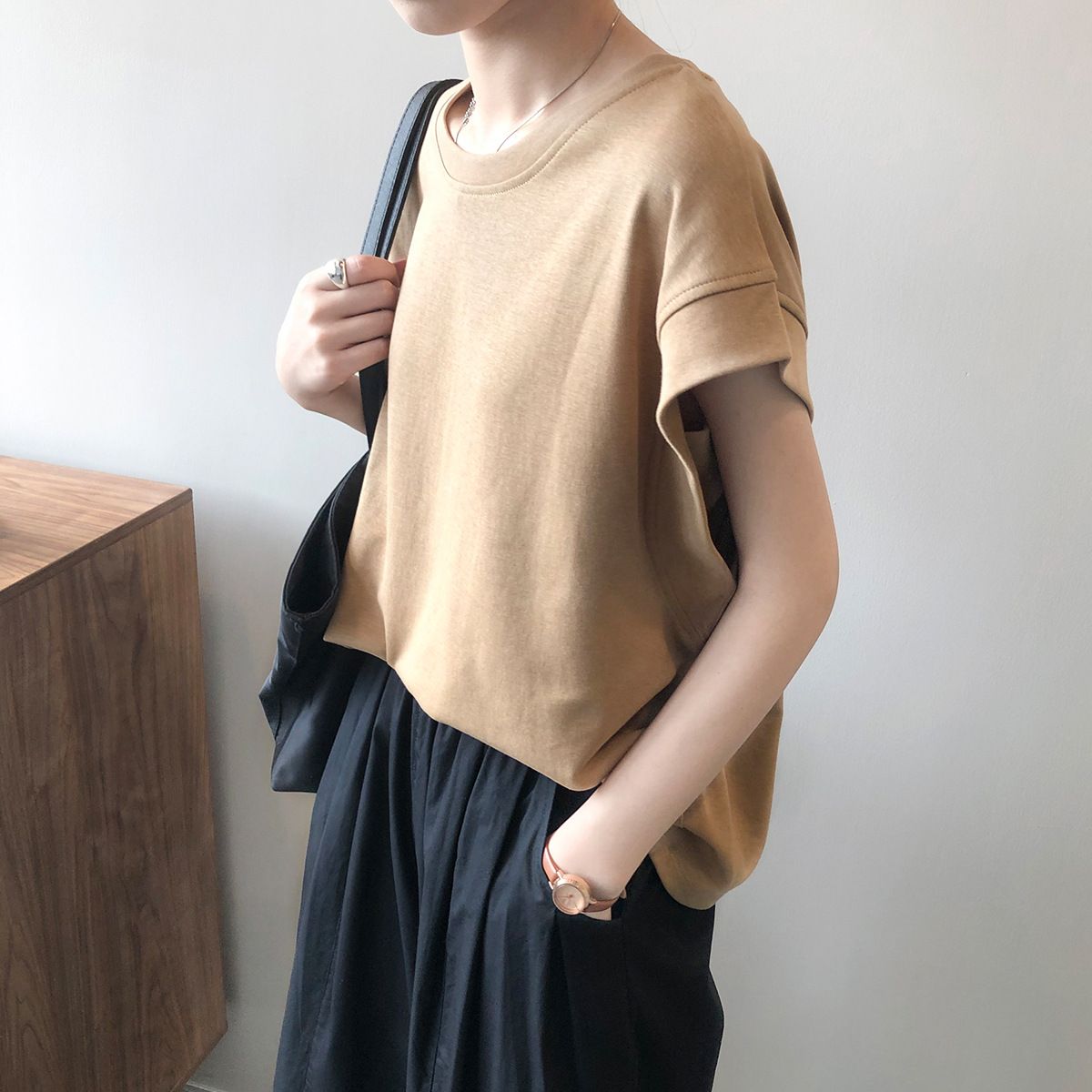 純棉落肩高級感寬鬆減齡洋氣小衫無袖短袖t恤