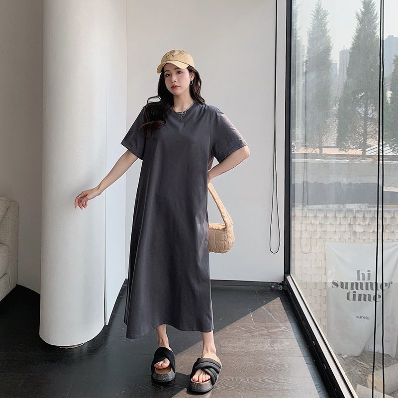 寬鬆遮肚減齡連衣裙大碼顯瘦休閒過膝T恤裙