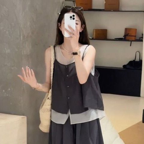 @【單件/套裝】韓系撞色吊帶背心疊穿+五分闊腿褲三件套