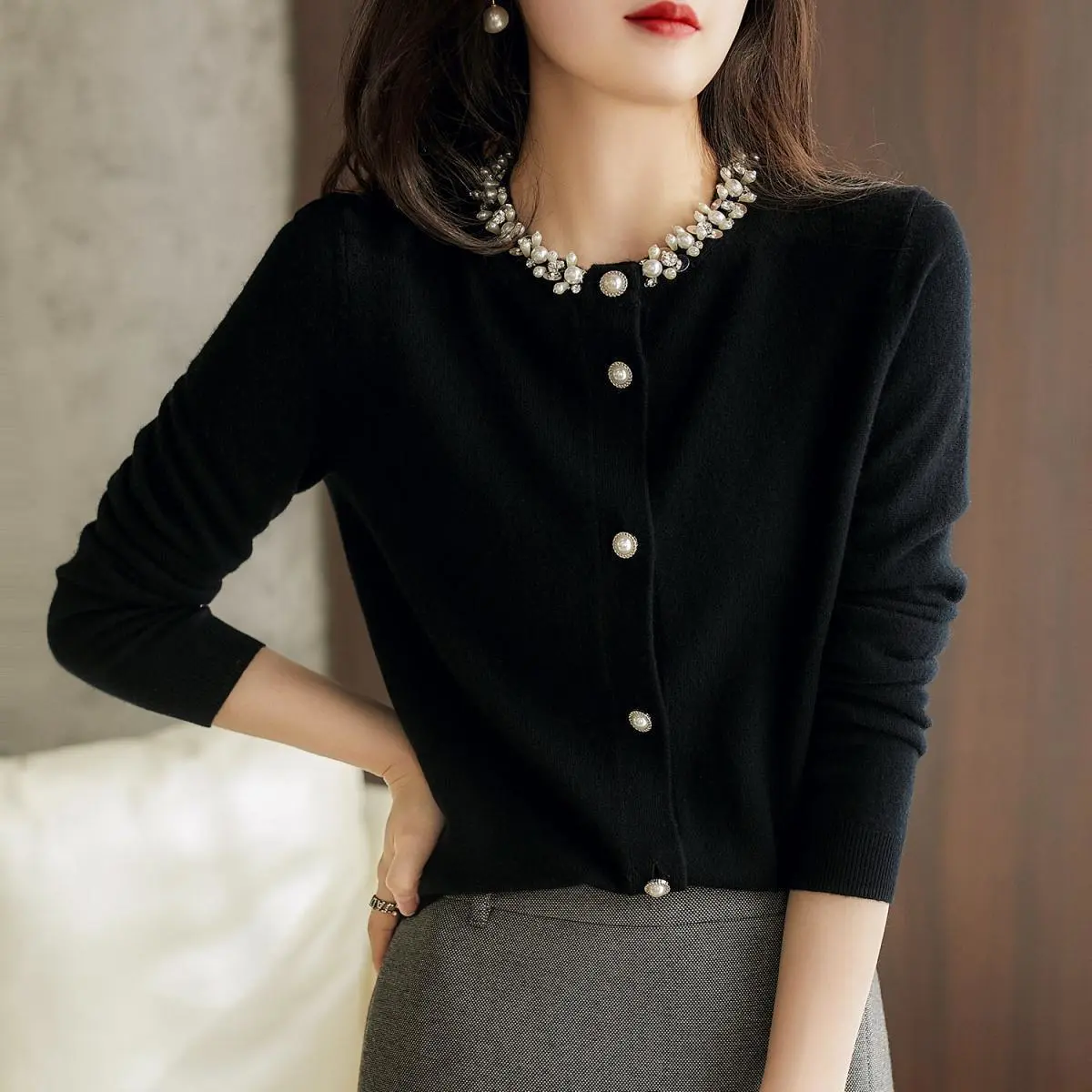 圓領釘珠時尚寬鬆顯瘦百搭氣質針織開衫