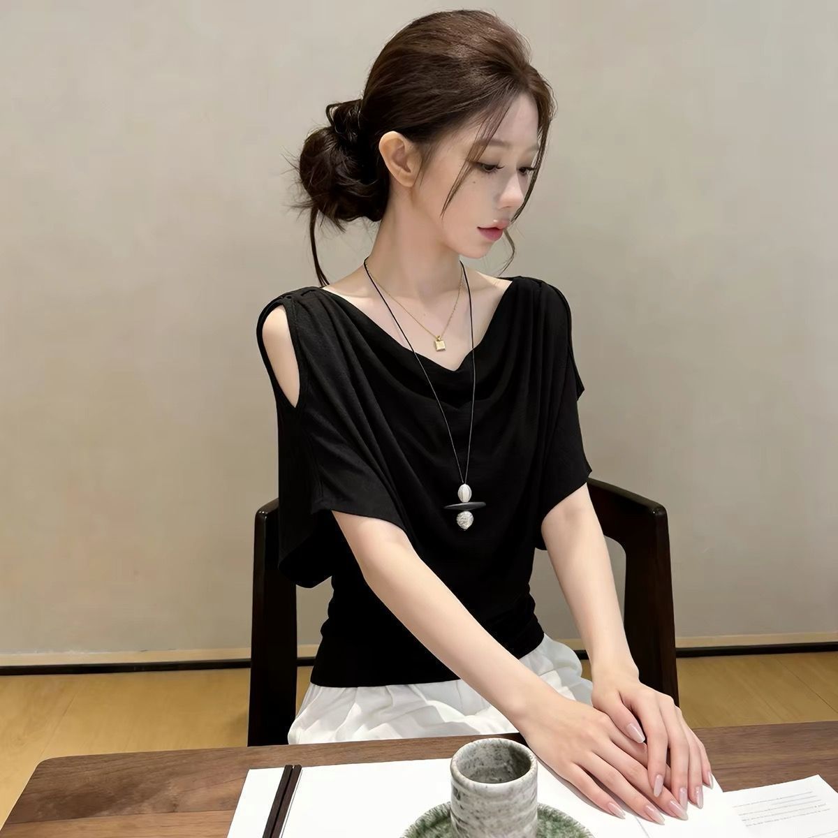 韓版慵懶鬆弛蕩領寬鬆百搭性感短袖T恤