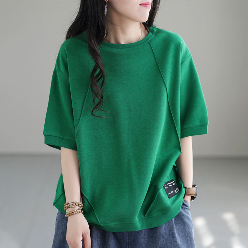 文藝純棉寬鬆復古圓領拼接短袖T恤