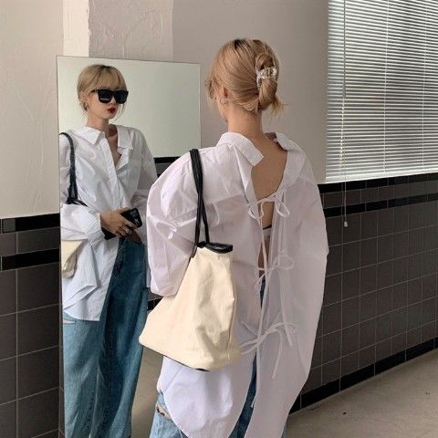 設計感前後兩穿寬鬆慵懶風中長版百搭襯衫