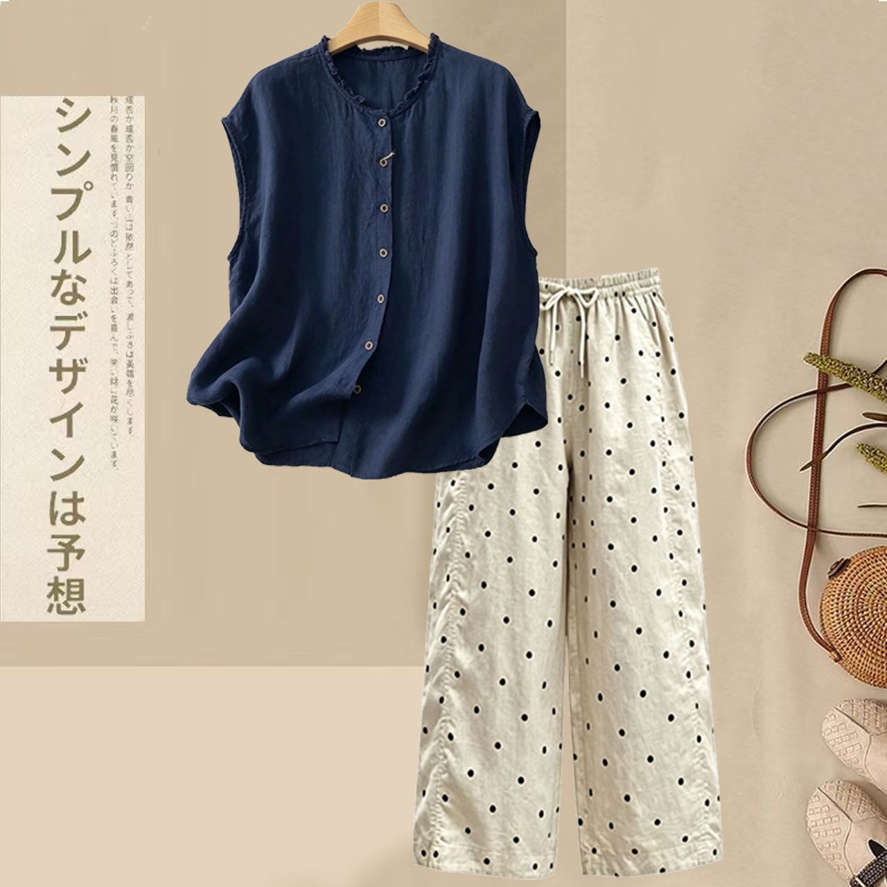【整套】慵懶風棉麻木耳襯衫+寬松休閑波點褲兩件套