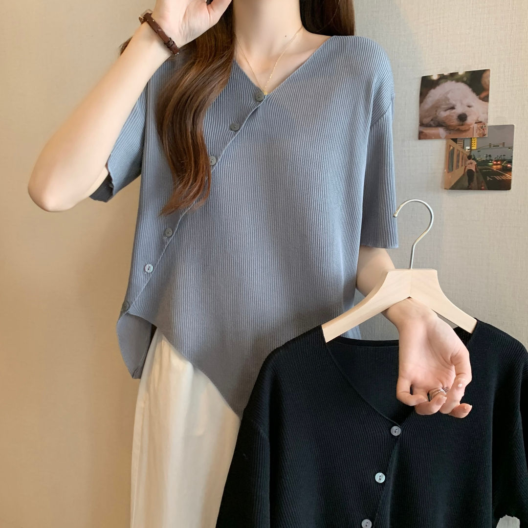 新中式大碼女裝夏季復古短袖T恤寬鬆遮肉胖mm不規則設計感上衣潮