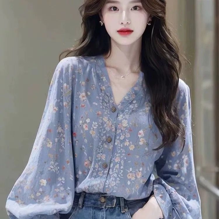 法式絕美獨特淑女氣質森系藍色碎花長袖襯衫