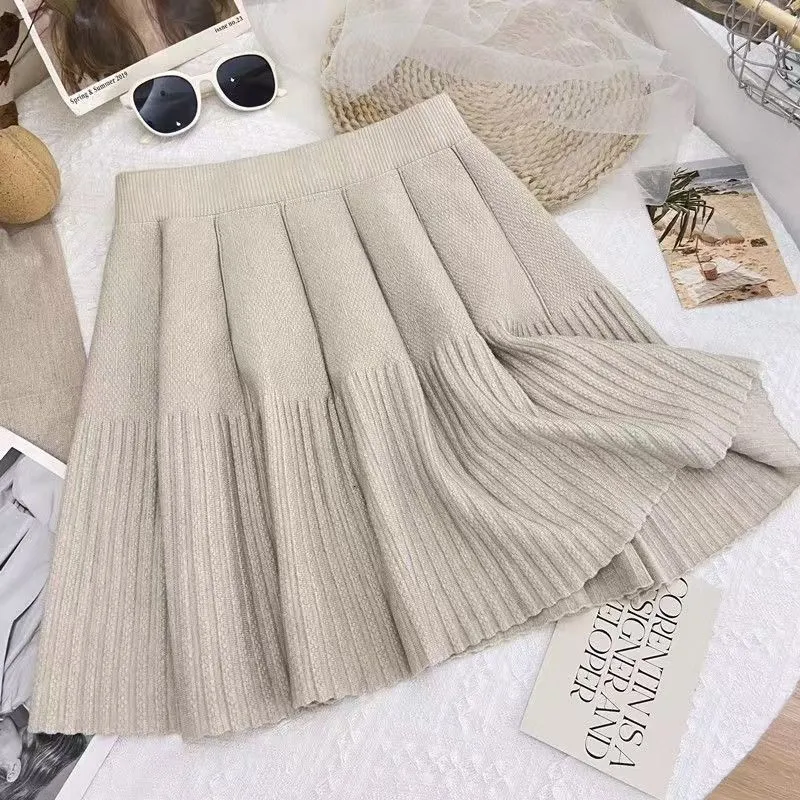 高腰針織半身裙遮跨A字百褶短裙