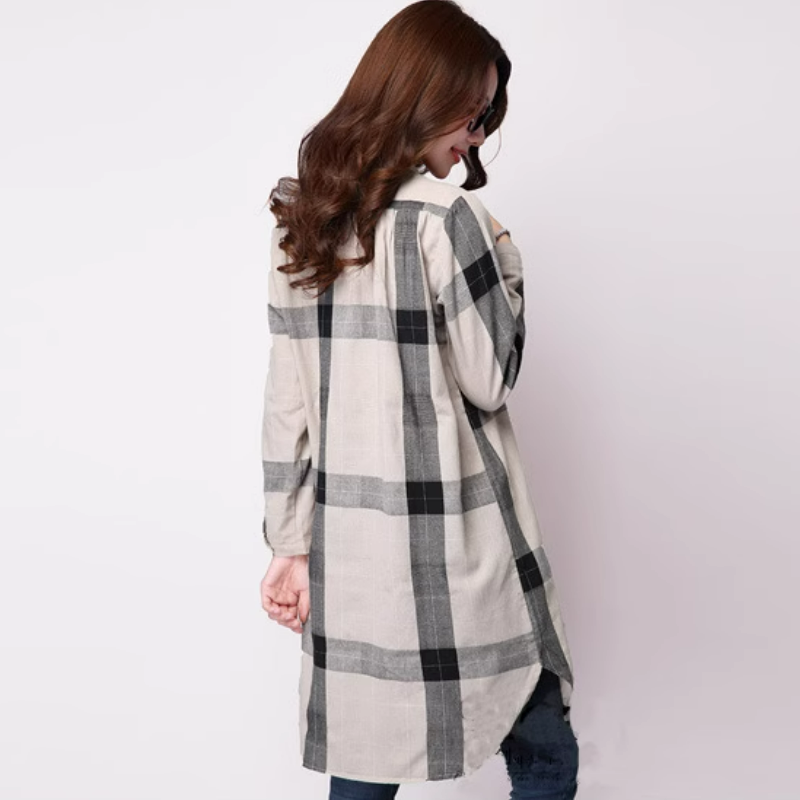 韓版大碼亞麻寬鬆中長款格子裙長袖棉麻襯衫