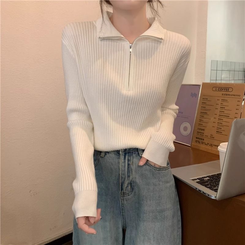 慵懶風半開拉鍊高領毛衣寬鬆顯瘦內搭長袖針織衫