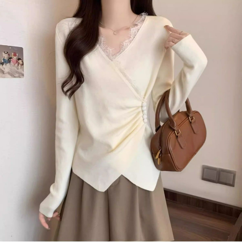 大碼德絨設計感蕾絲拼接V領不規則交叉打底衫長袖T恤