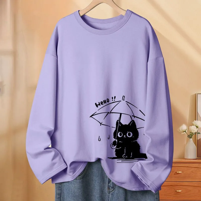 早秋chic純棉薄款撐傘貓印花可愛圓領長袖T恤