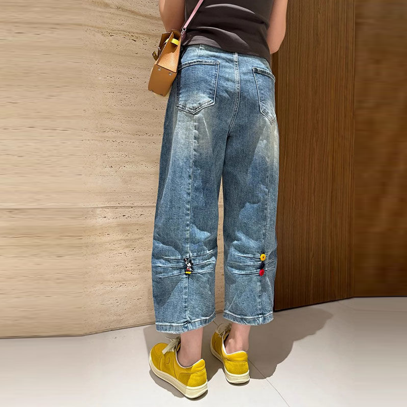 高端牛仔褲女春夏小個子胖mm大碼新米奇彩扣闊腿八分直筒褲子