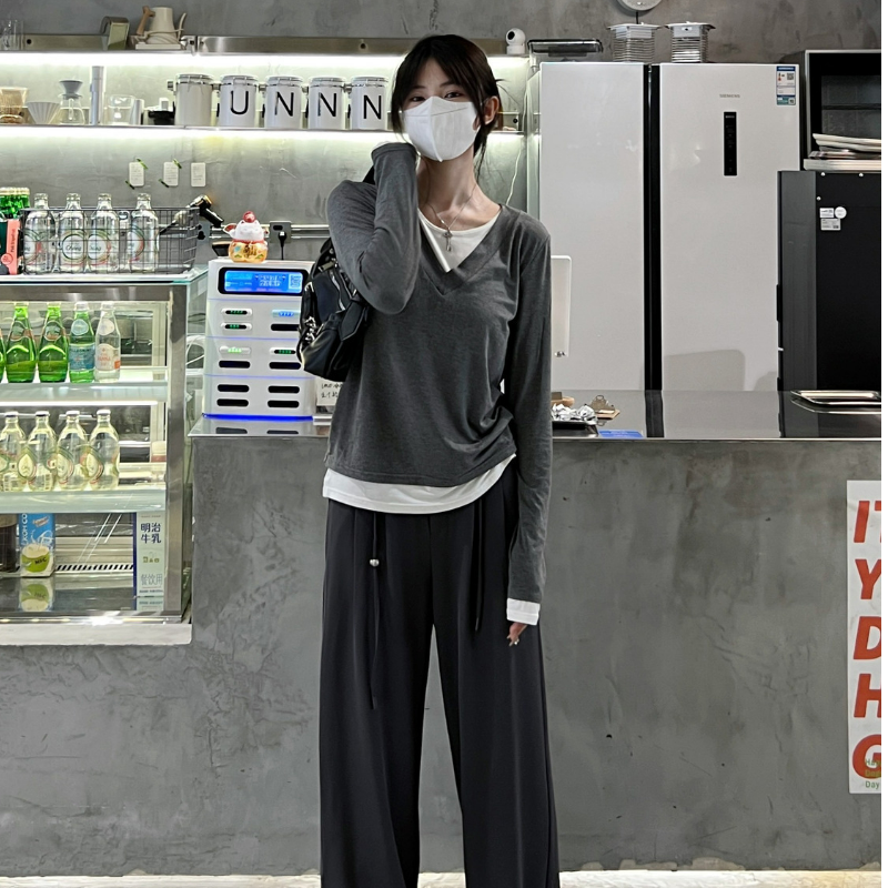 純棉假兩件純慾風內搭打底衫修身設計感小眾長袖t恤