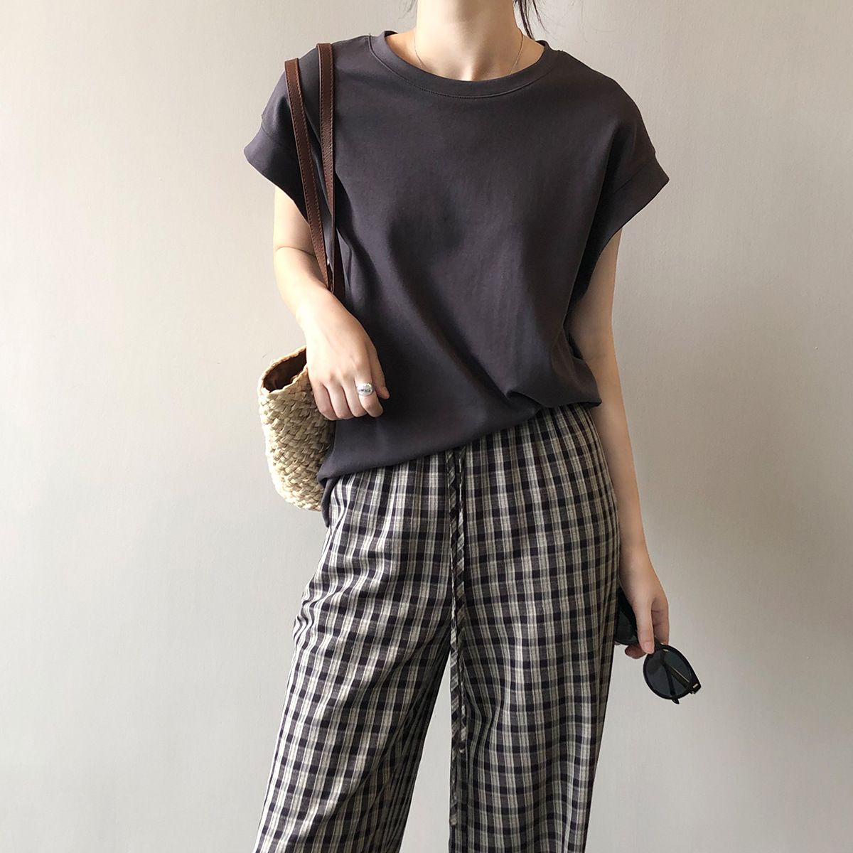 純棉落肩高級感寬鬆減齡洋氣小衫無袖短袖t恤