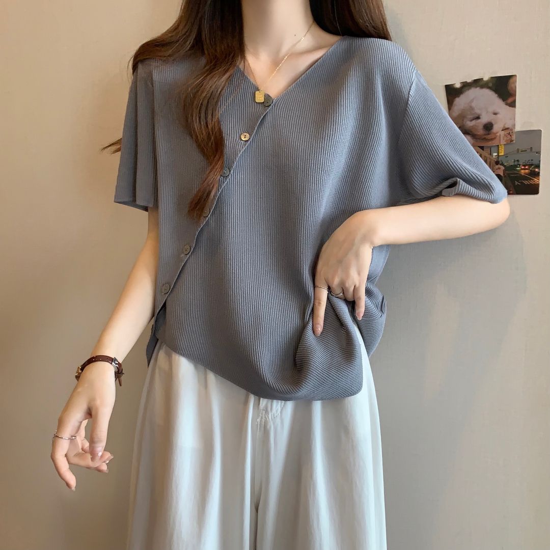 新中式大碼女裝夏季復古短袖T恤寬鬆遮肉胖mm不規則設計感上衣潮
