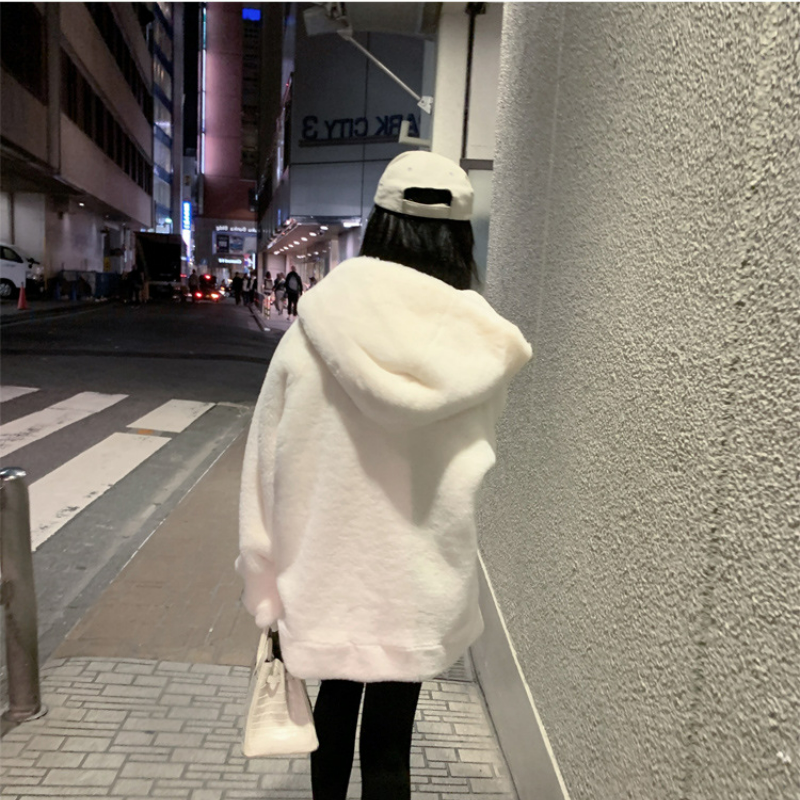 寬鬆慵懶連帽刷毛仿皮草加厚羊羔毛絨外套