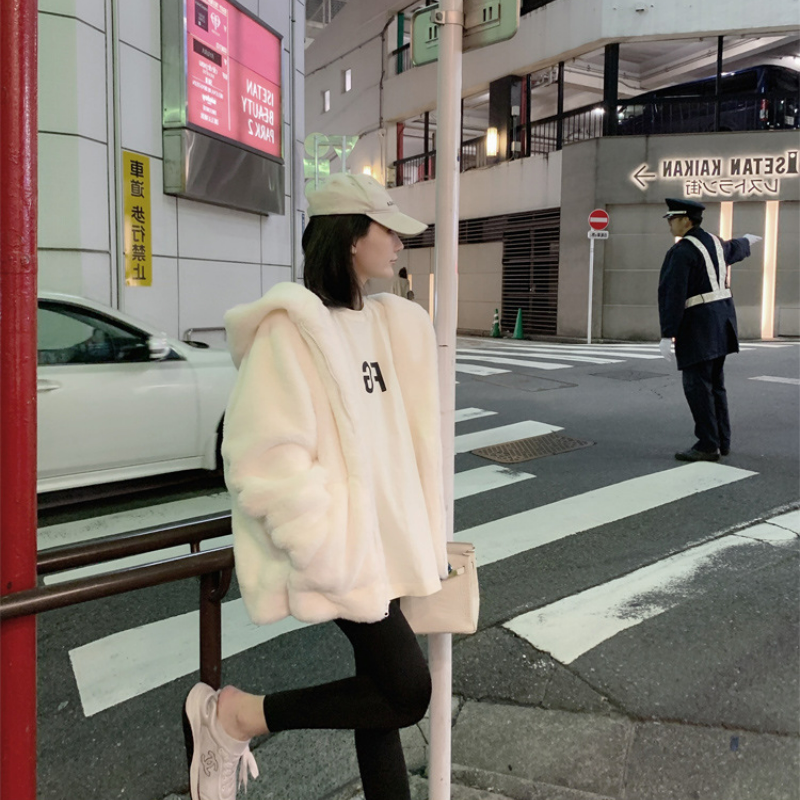 寬鬆慵懶連帽刷毛仿皮草加厚羊羔毛絨外套