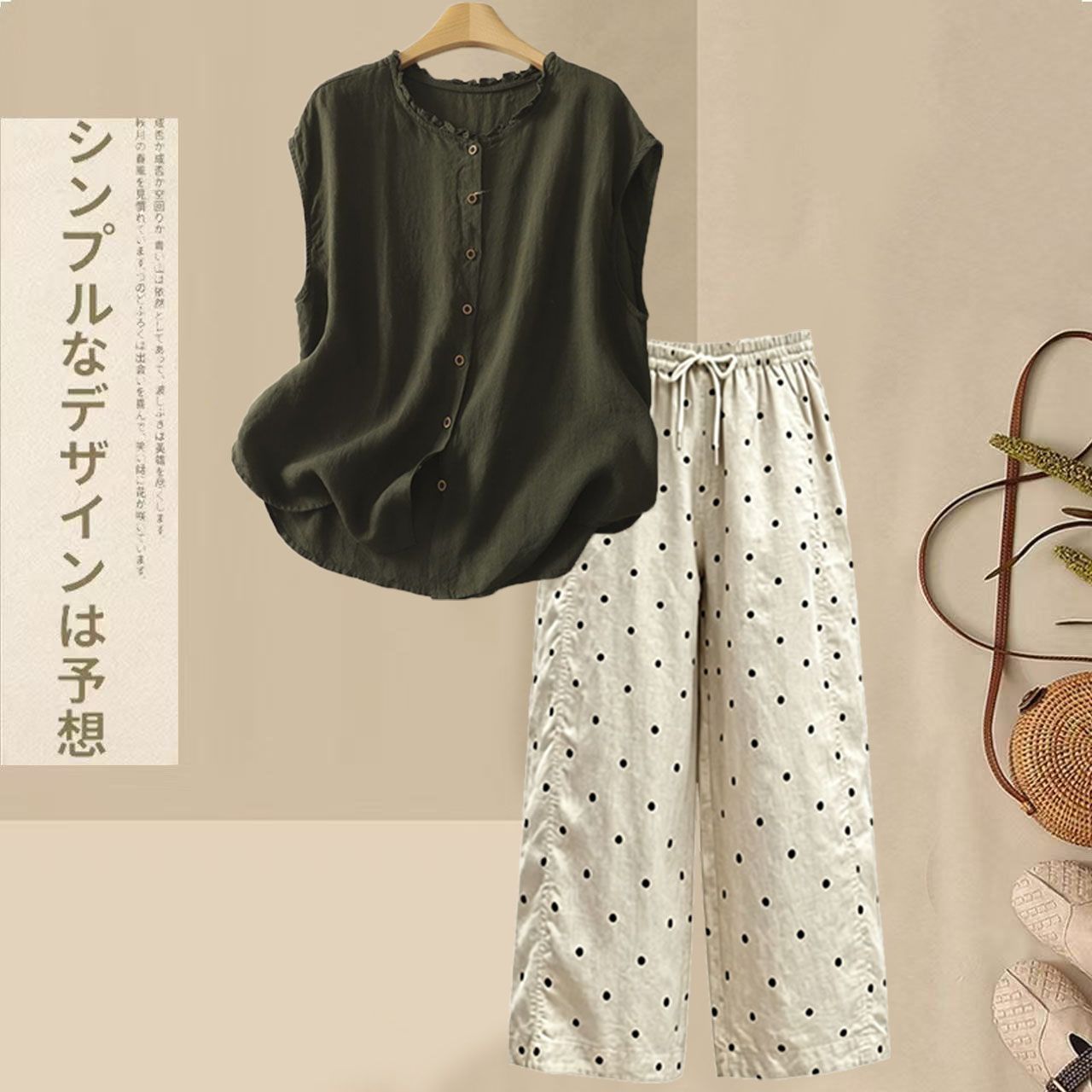【整套】慵懶風棉麻木耳襯衫+寬松休閑波點褲兩件套
