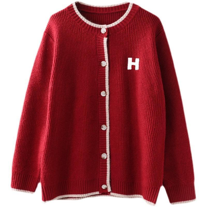 寬鬆素色圓領單排扣百搭通勤文藝針織開衫