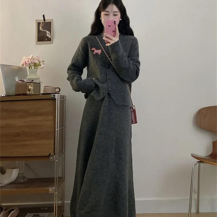 【整套】韓系減齡圓領學院風針織開衫+半身裙兩件套裝