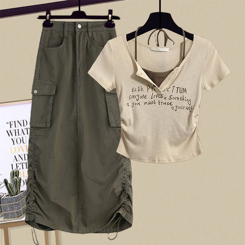 【單件/套裝】掛脖假兩件短袖顯瘦工裝裙兩件套裝