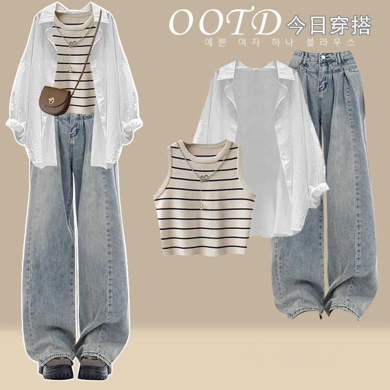 【單件/套裝】韓版時尚休閒氣質背心開衫牛仔褲三件套裝