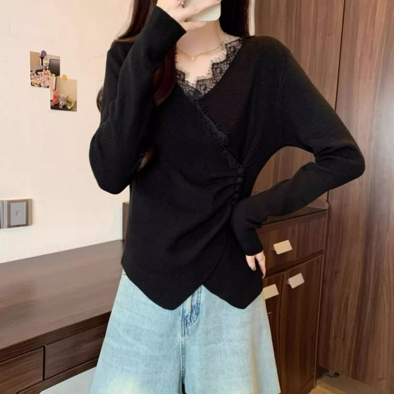 大碼德絨設計感蕾絲拼接V領不規則交叉打底衫長袖T恤