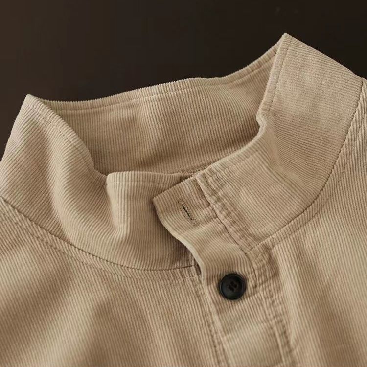 燈芯絨立領大碼寬鬆顯瘦紐扣設計感長袖T恤