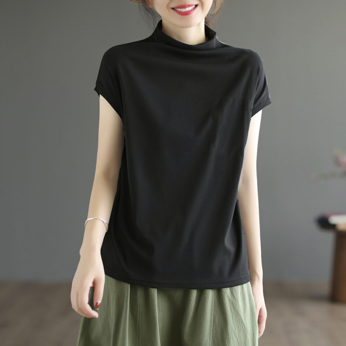 純棉文藝寬鬆顯瘦百搭半高領t恤短袖