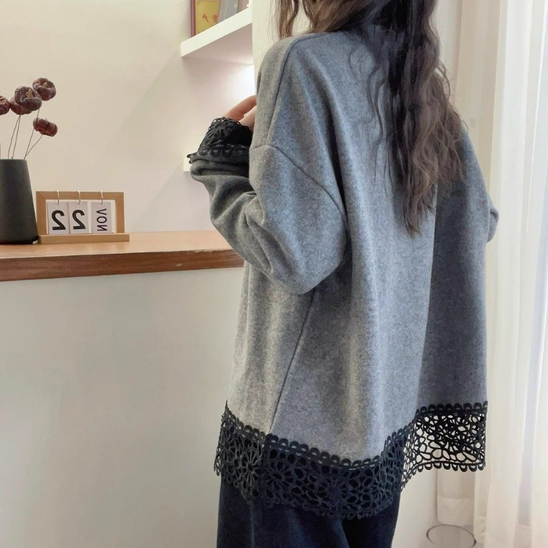 大碼雙面德絨蕾絲拼接寬鬆顯瘦長袖打底衫