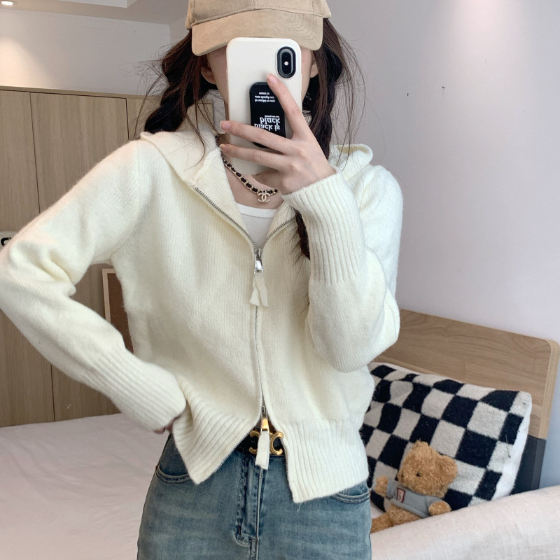 純慾風拉鍊正肩短款毛衣外套連帽針織開衫