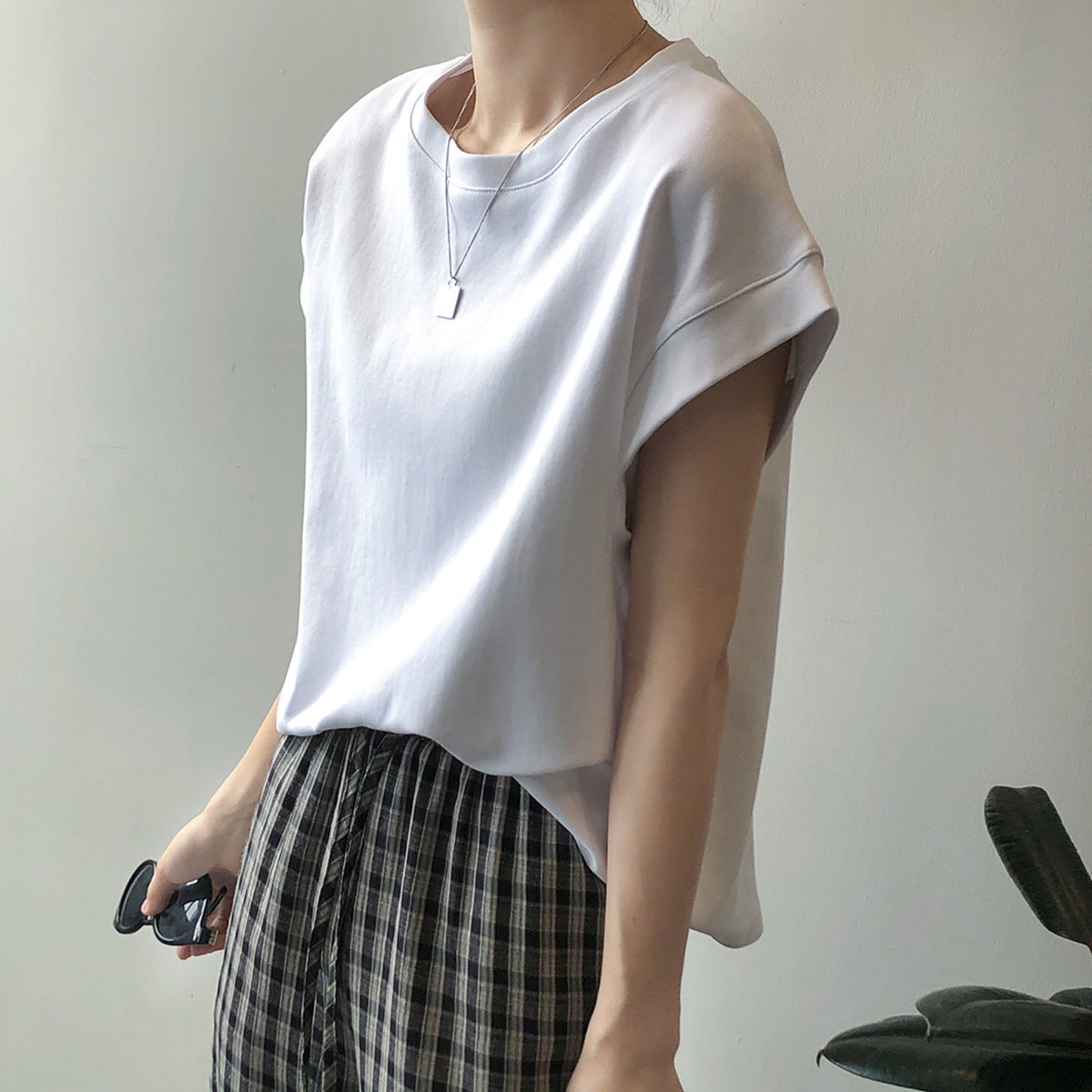 純棉落肩高級感寬鬆減齡洋氣小衫無袖短袖t恤