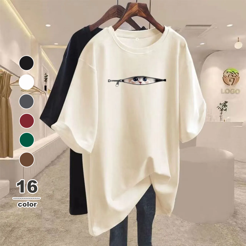 16色純棉寬鬆可愛貓咪寬鬆中長款百搭短袖T恤