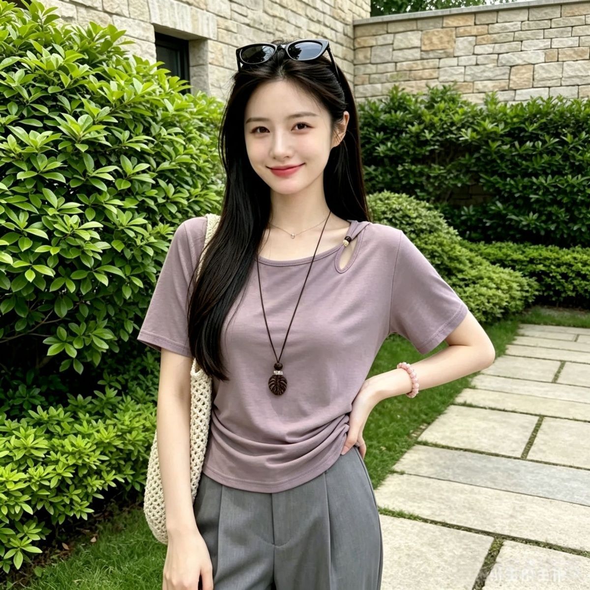 設計感串珠露肩顯瘦收腰褶皺短袖T恤
