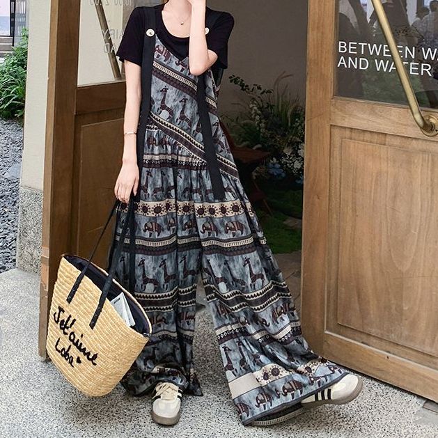 【單件/套裝】小眾波西米亞民族風背帶連體闊腿褲+短袖兩件套裝