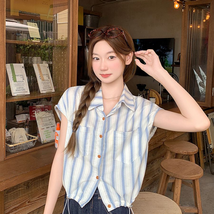 寬鬆百搭撞色條紋Polo領短袖襯衫