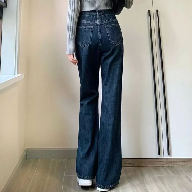 韓版百搭簡約顯瘦高腰微喇牛仔褲裝