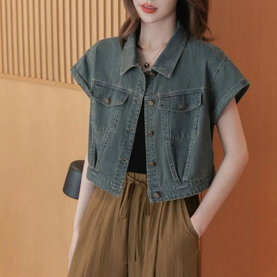 復古寬鬆顯瘦短款小飛袖牛仔外套