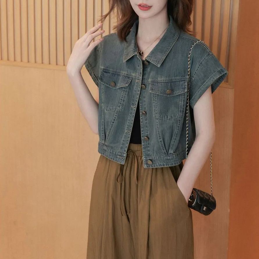 復古寬鬆顯瘦短款小飛袖牛仔外套